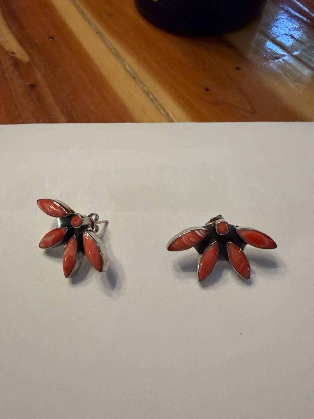 Sterling Silver Coral Marquise Cluster Stud Earrings - Orange